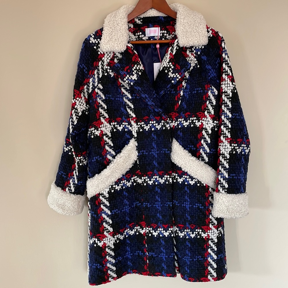 Savida tweed coat sz S. Beautiful. Red creamy white black and blue in color nwt